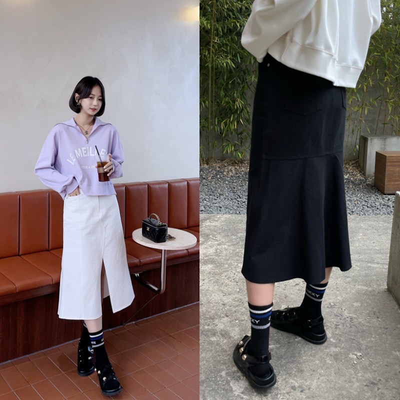 cotton flare slit skirt (아이보리, 블랙)